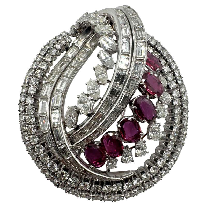 Diamond, Ruby, Platinum Brooch For Sale at 1stDibs
