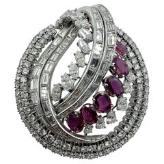 Platinum Ruby and Diamond Scroll Brooch