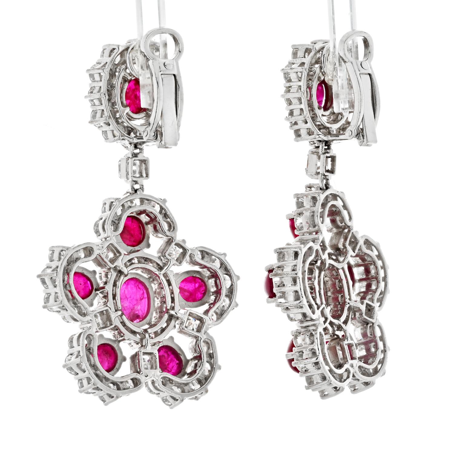 Round Cut Platinum Ruby and Diamond Statement Dangling Earrings