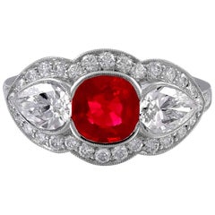 Platinum Ruby and Diamond Three-Stone Ring