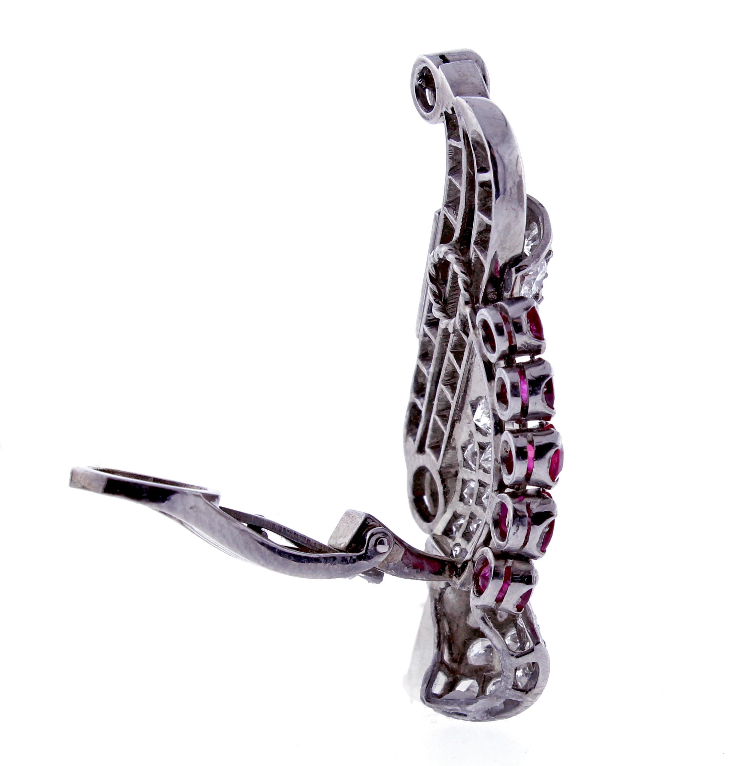 Platinum ruby and diamond wing earrings In Excellent Condition For Sale In Bethesda, MD