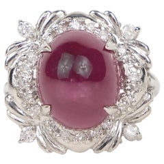 Retro Platinum Ruby Cabochon and Diamond Ring with GIA Certification