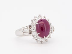 Platinum Ruby Cabochon with Diamond Halo Engagement Ring Pigeon Blood V1214
