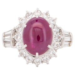 Platinum Ruby Cabochon with Diamond Halo Engagement Ring Pigeon Blood V1214