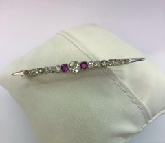 Vintage Italian Platinum Bar Brooch with Diamond & Rubies, Circa 1890s