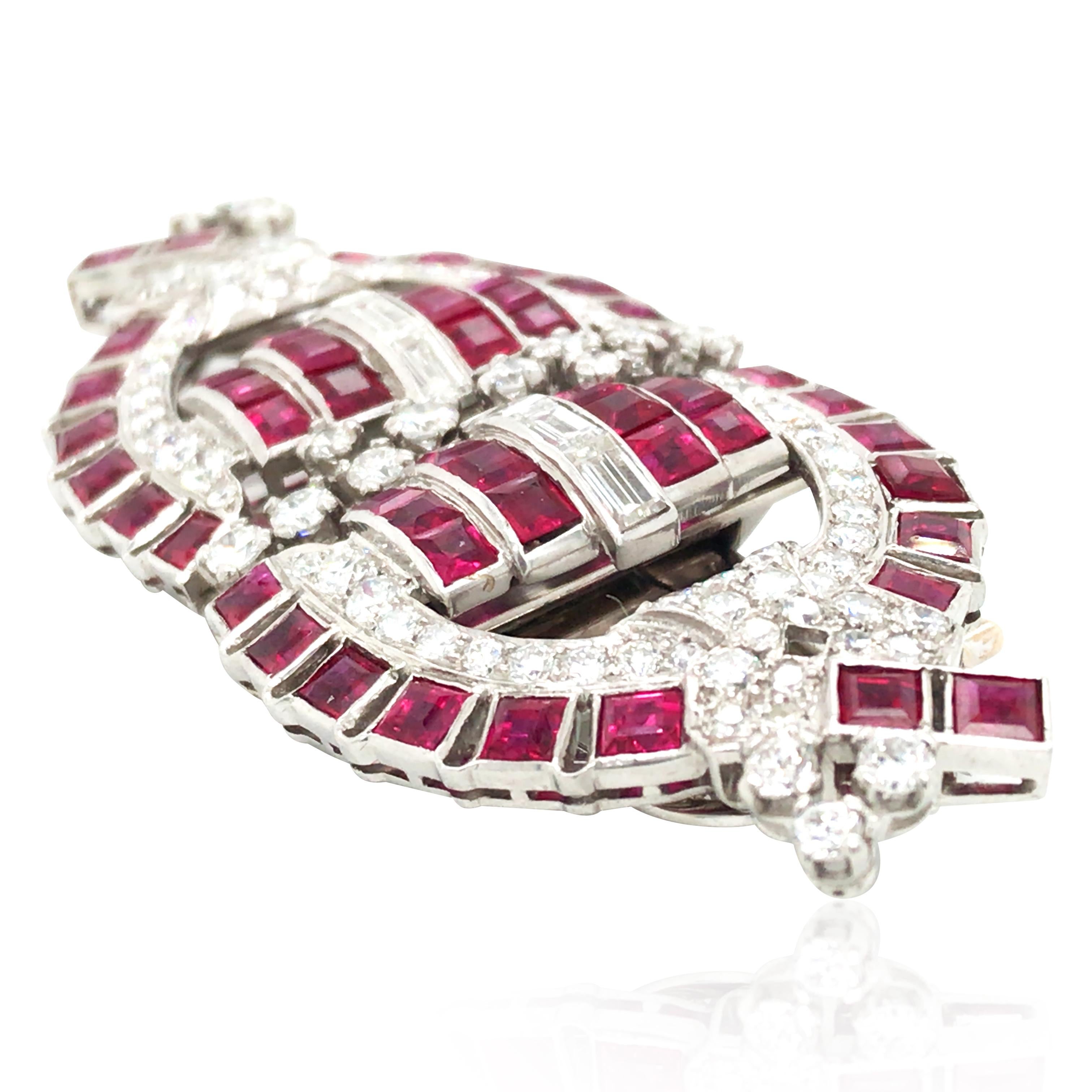 Mixed Cut Platinum Ruby Diamond Double-clip Brooch For Sale