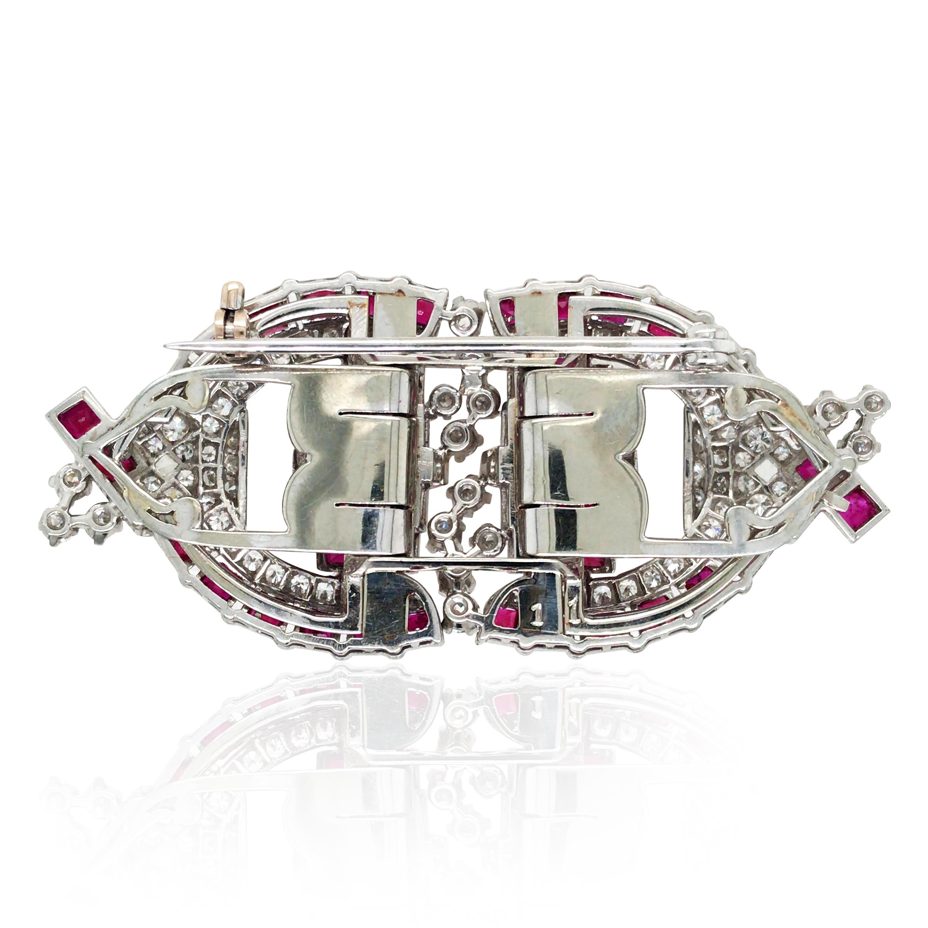 Platinum Ruby Diamond Double-clip Brooch In Good Condition For Sale In New York, NY