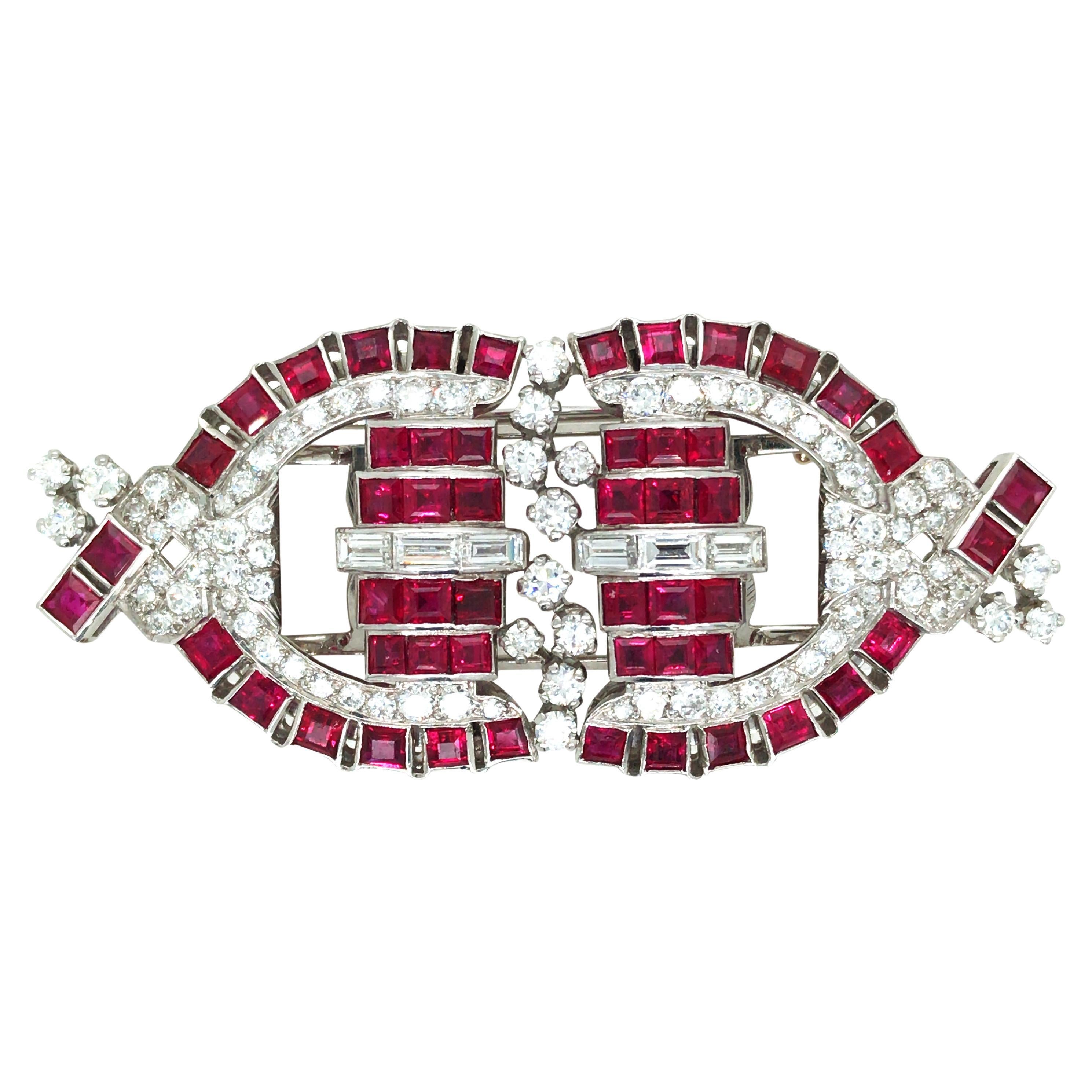 Platinum Ruby Diamond Double-clip Brooch