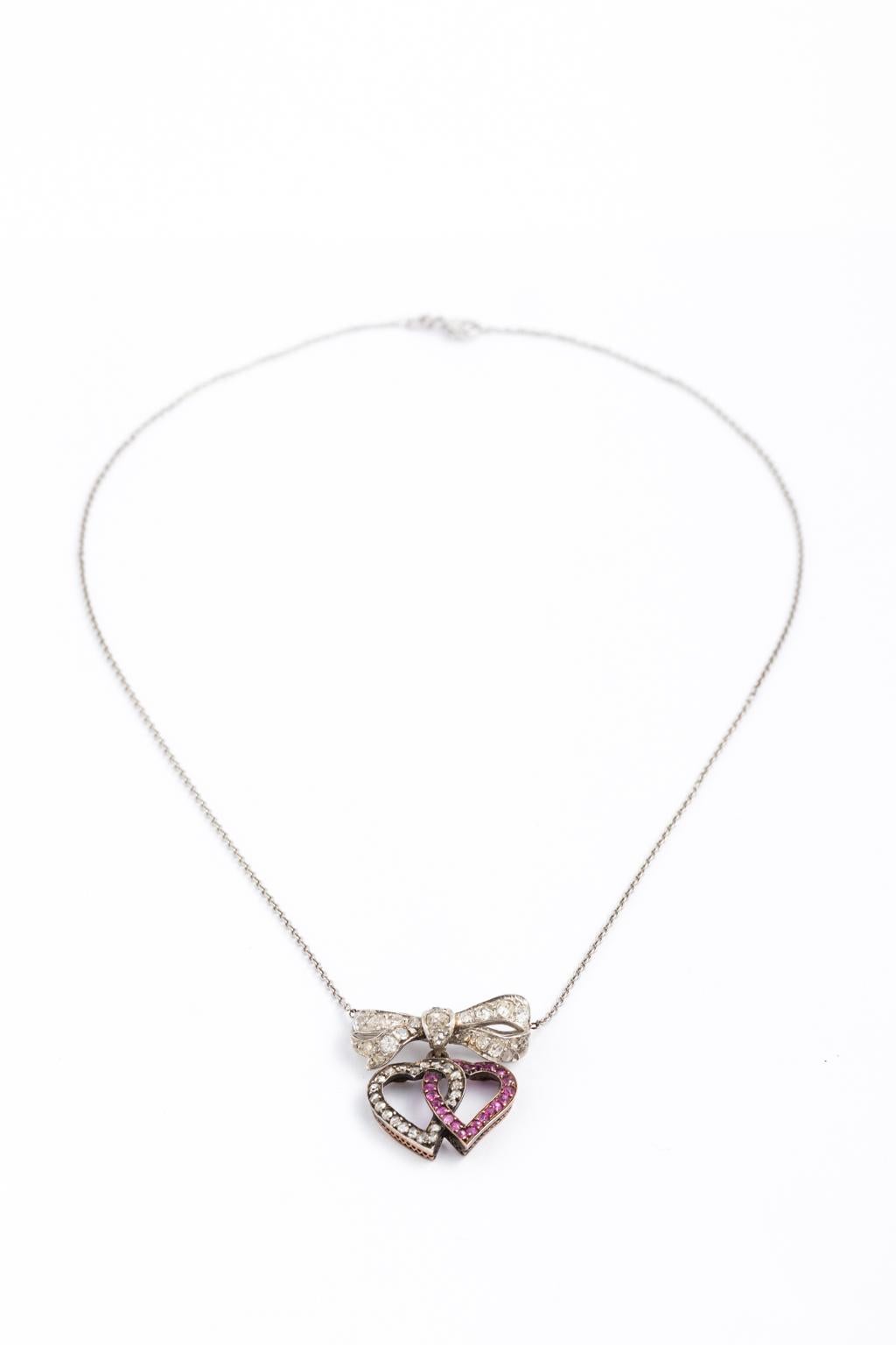 Old Mine Cut Platinum Ruby Diamond Double Heart Pendant Necklace For Sale