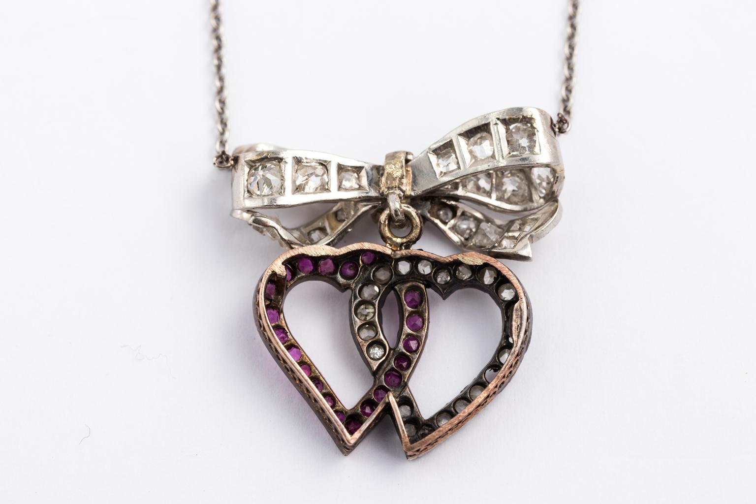 Women's Platinum Ruby Diamond Double Heart Pendant Necklace For Sale
