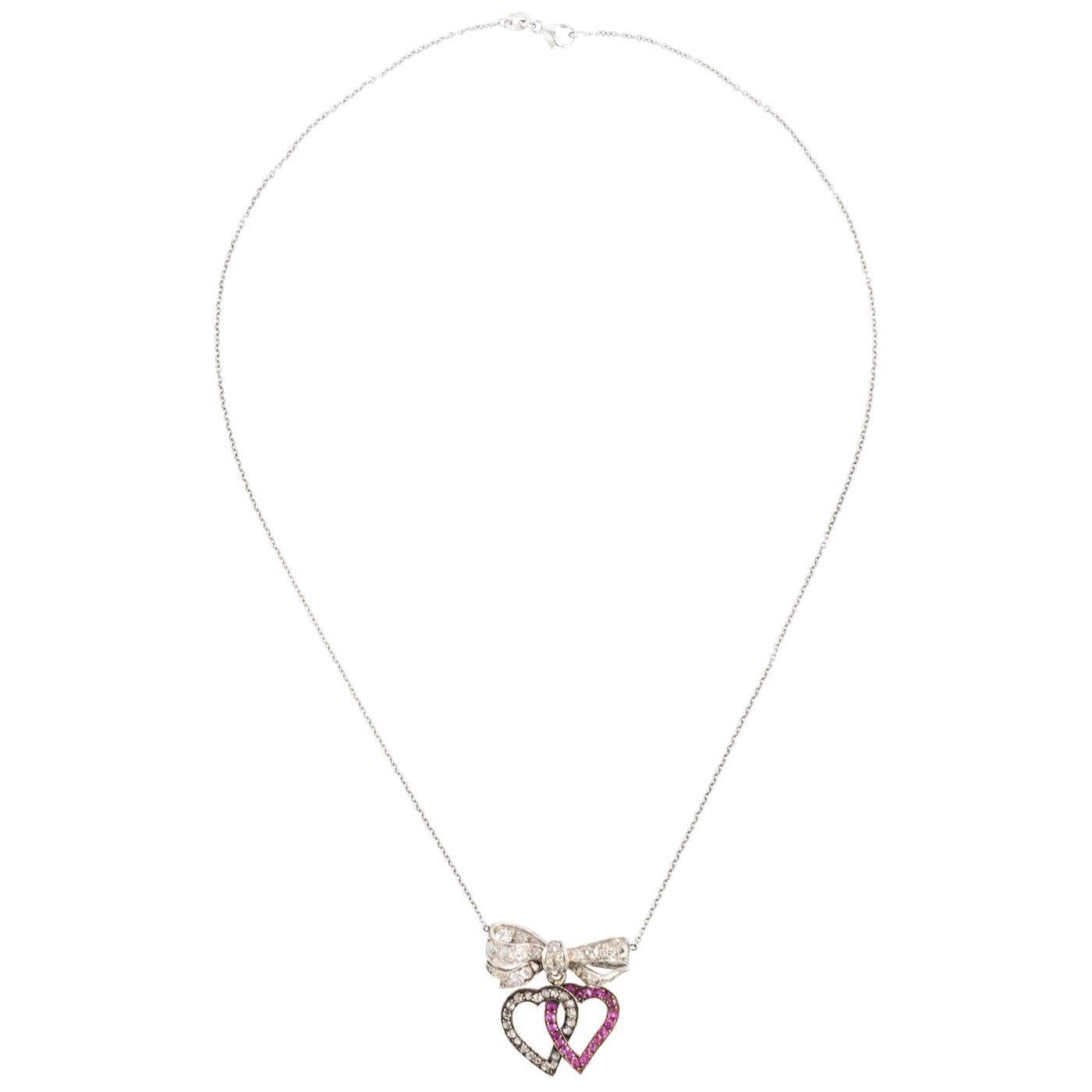 Platinum Ruby Diamond Double Heart Pendant Necklace For Sale