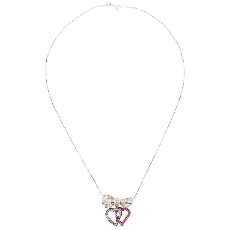 Platinum Ruby Diamond Double Heart Pendant Necklace For Sale at 1stDibs