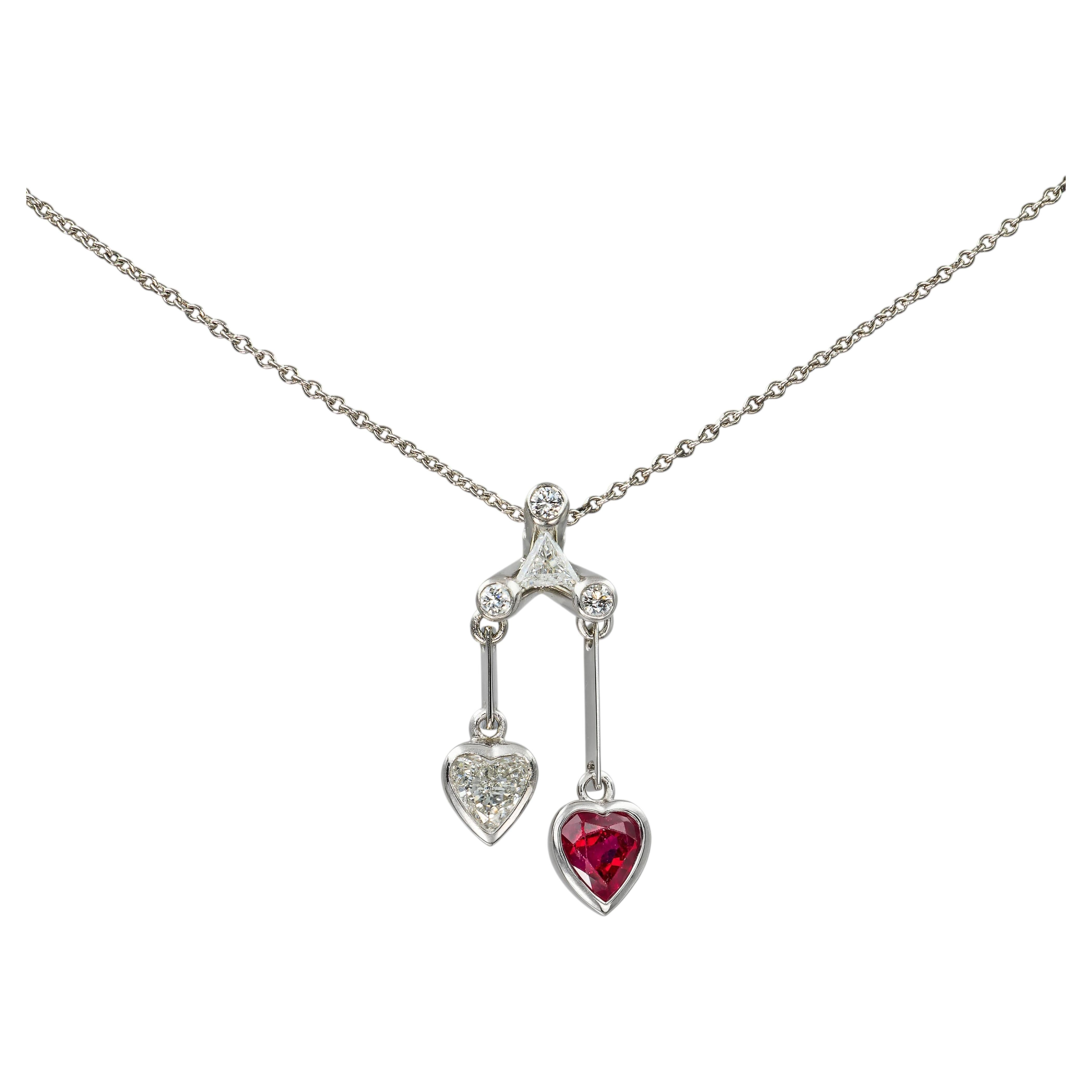 Platinum Ruby & Diamond Double Heart Pendant Necklace
