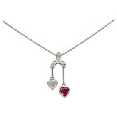 Platinum Ruby & Diamond Double Heart Pendant Necklace