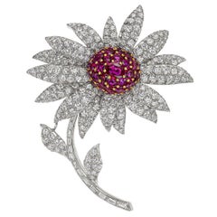 Platinum, Ruby 
Diamond Flower Brooch