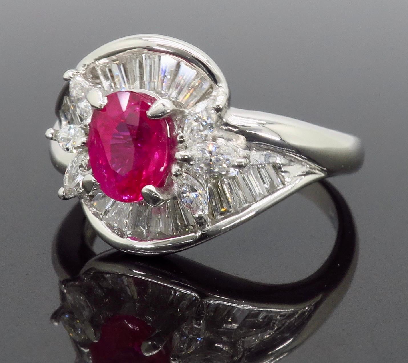 Platinum Ruby and Diamond Halo Ring In Excellent Condition In Webster, NY