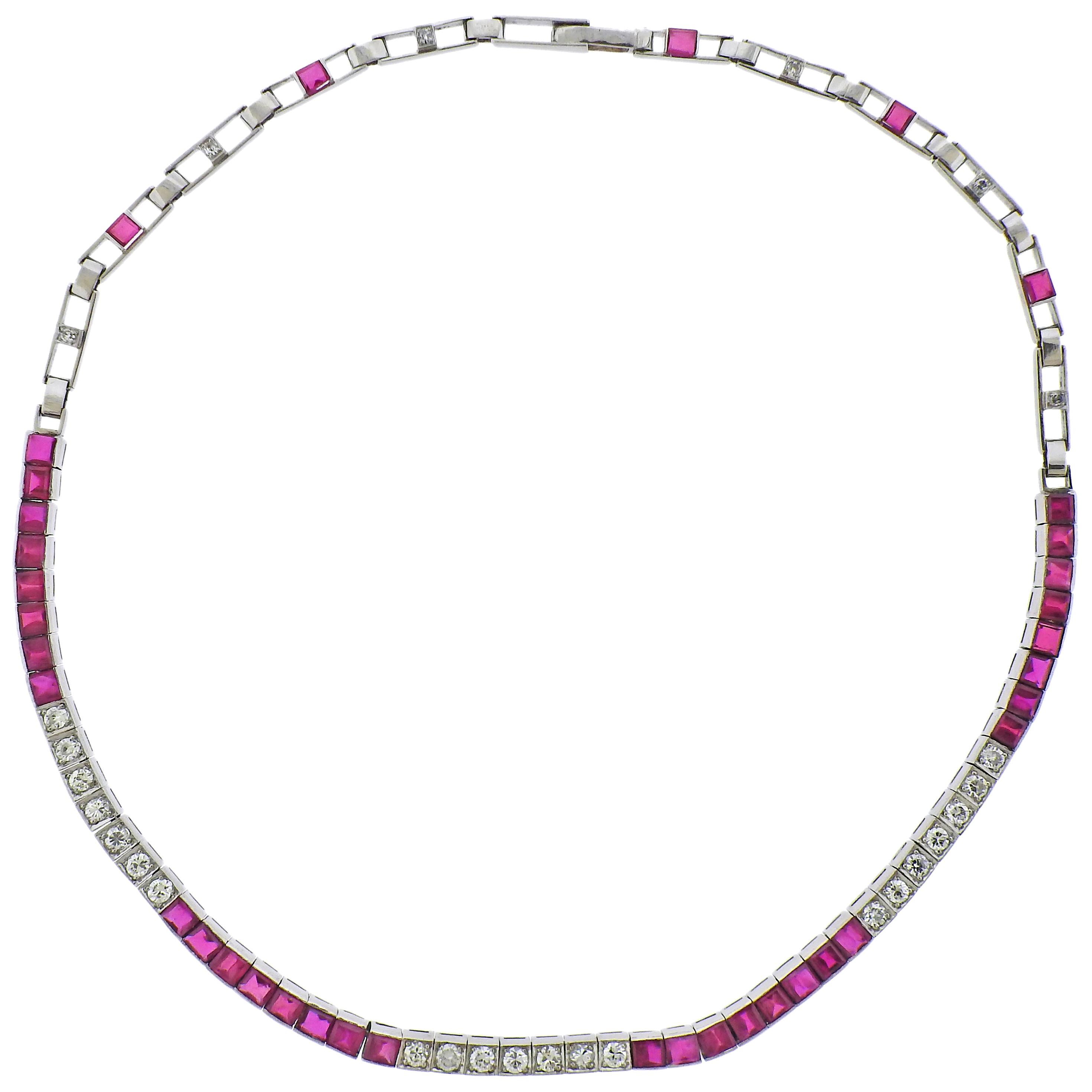 Platinum Ruby Diamond Necklace For Sale