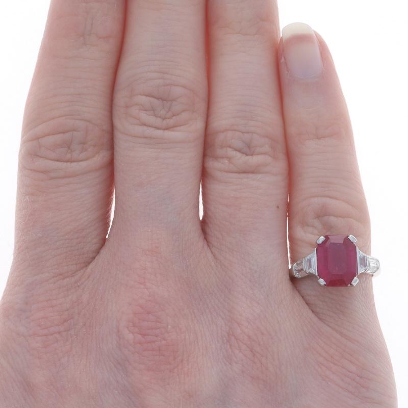 Platinum Ruby & Diamond Ring - 900 Emerald Cut 4.39ctw AGL In Excellent Condition For Sale In Greensboro, NC
