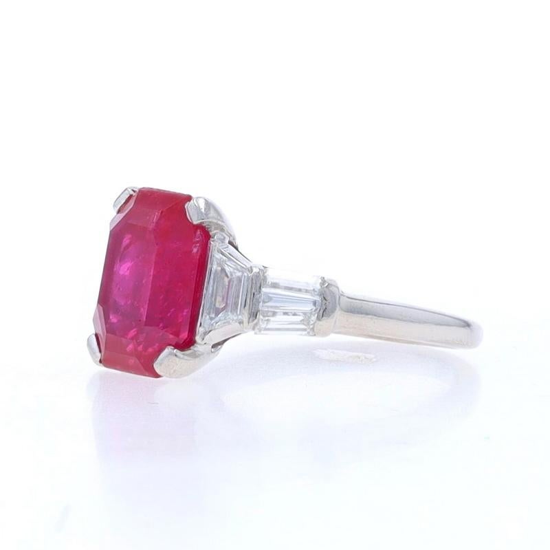 Women's Platinum Ruby & Diamond Ring - 900 Emerald Cut 4.39ctw AGL For Sale
