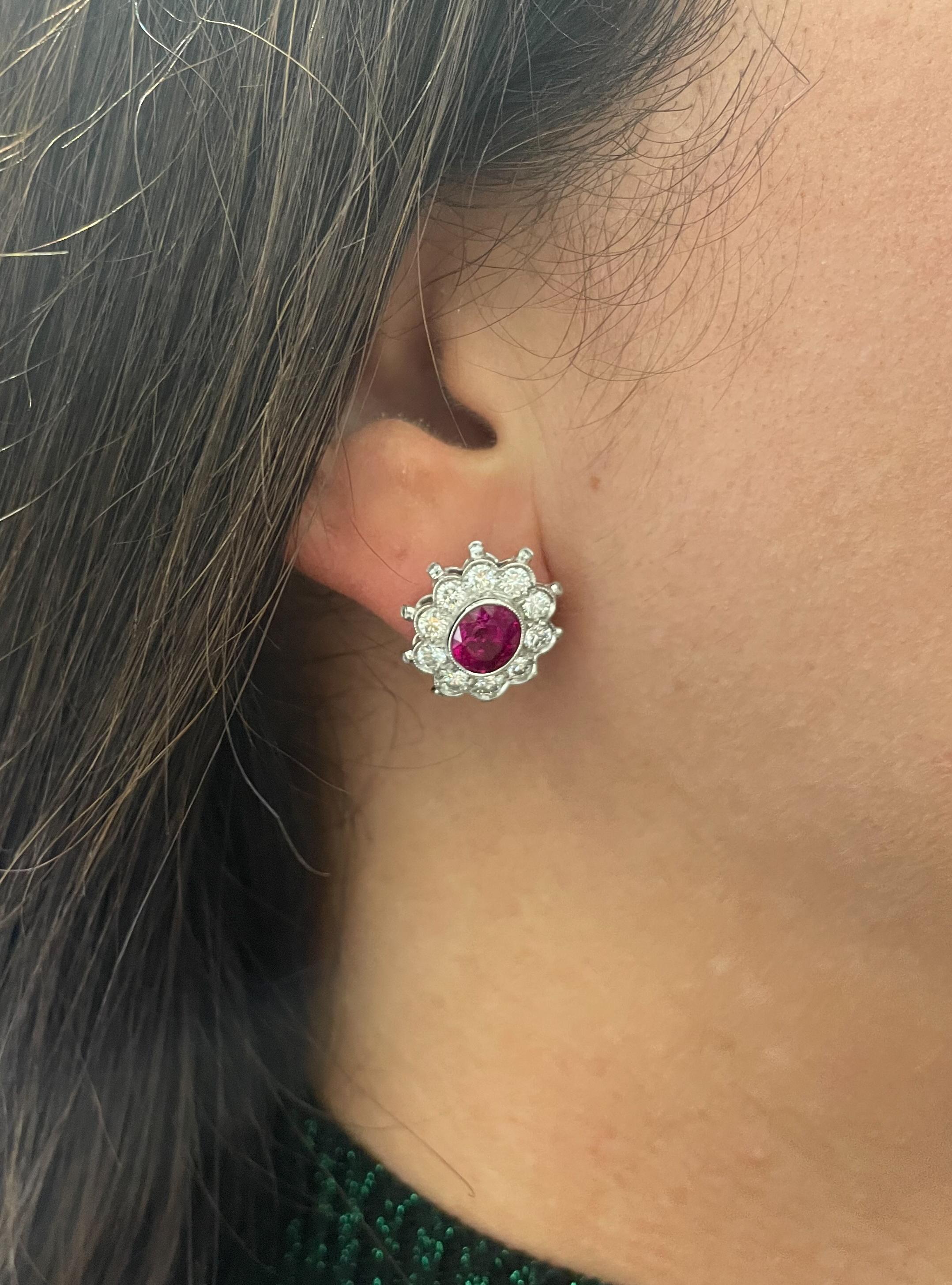 Platinum Ruby & Diamond Stud Earrings For Sale 3