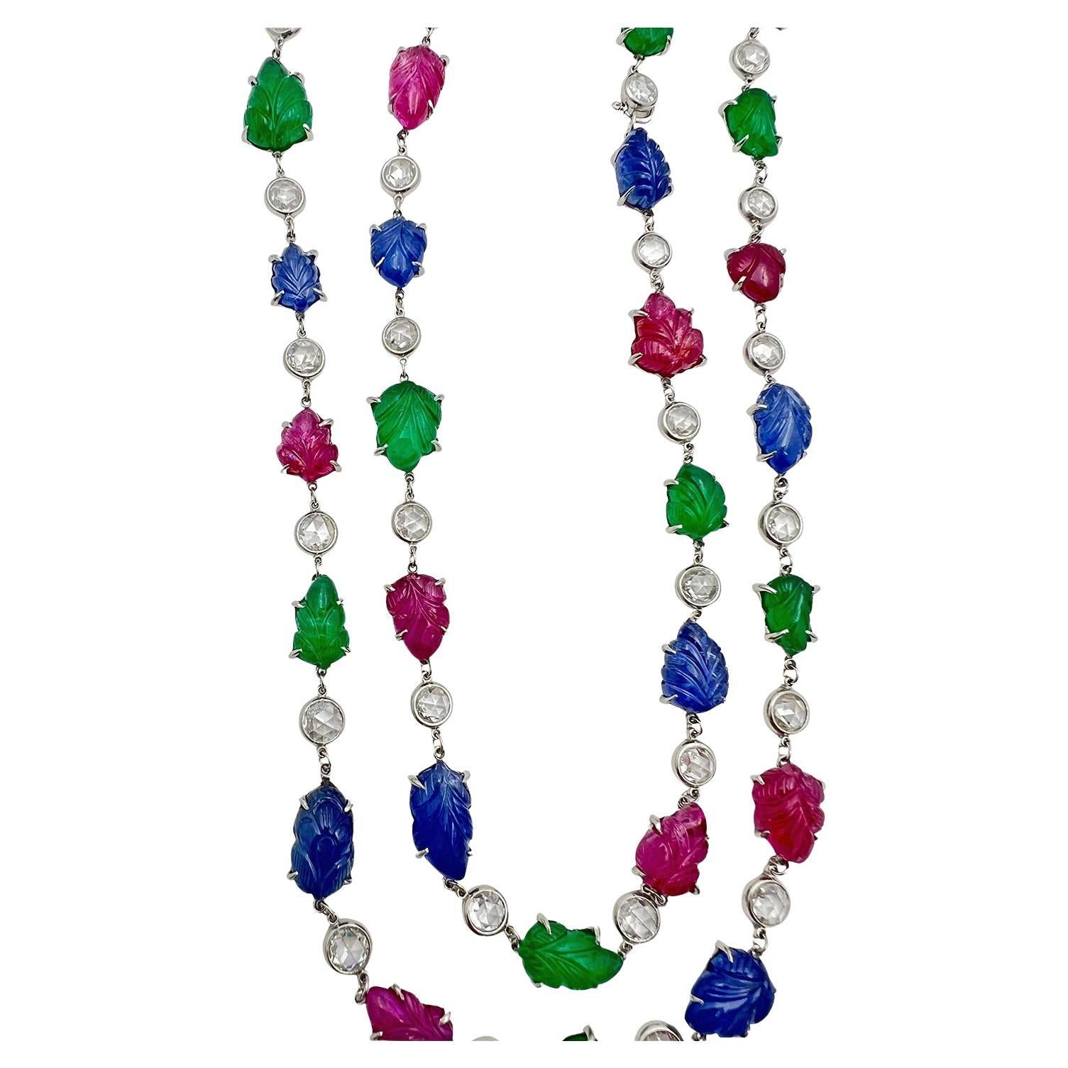 Platinum Ruby Emerald Sapphire Diamond Tutti Frutti Long Necklace Corte rosa en venta