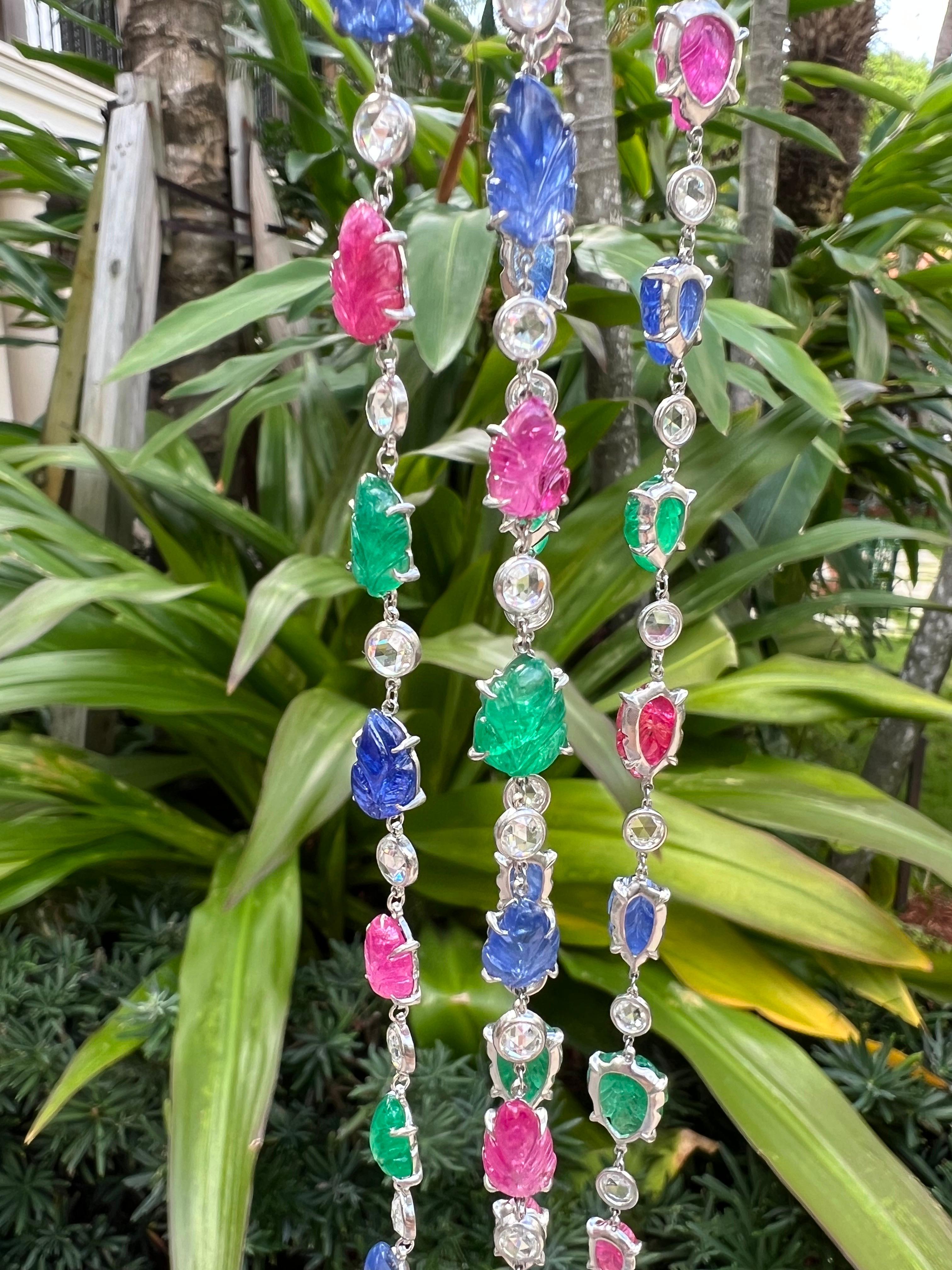 Platinum Ruby Emerald Sapphire Diamond Tutti Frutti Long Necklace en venta 1