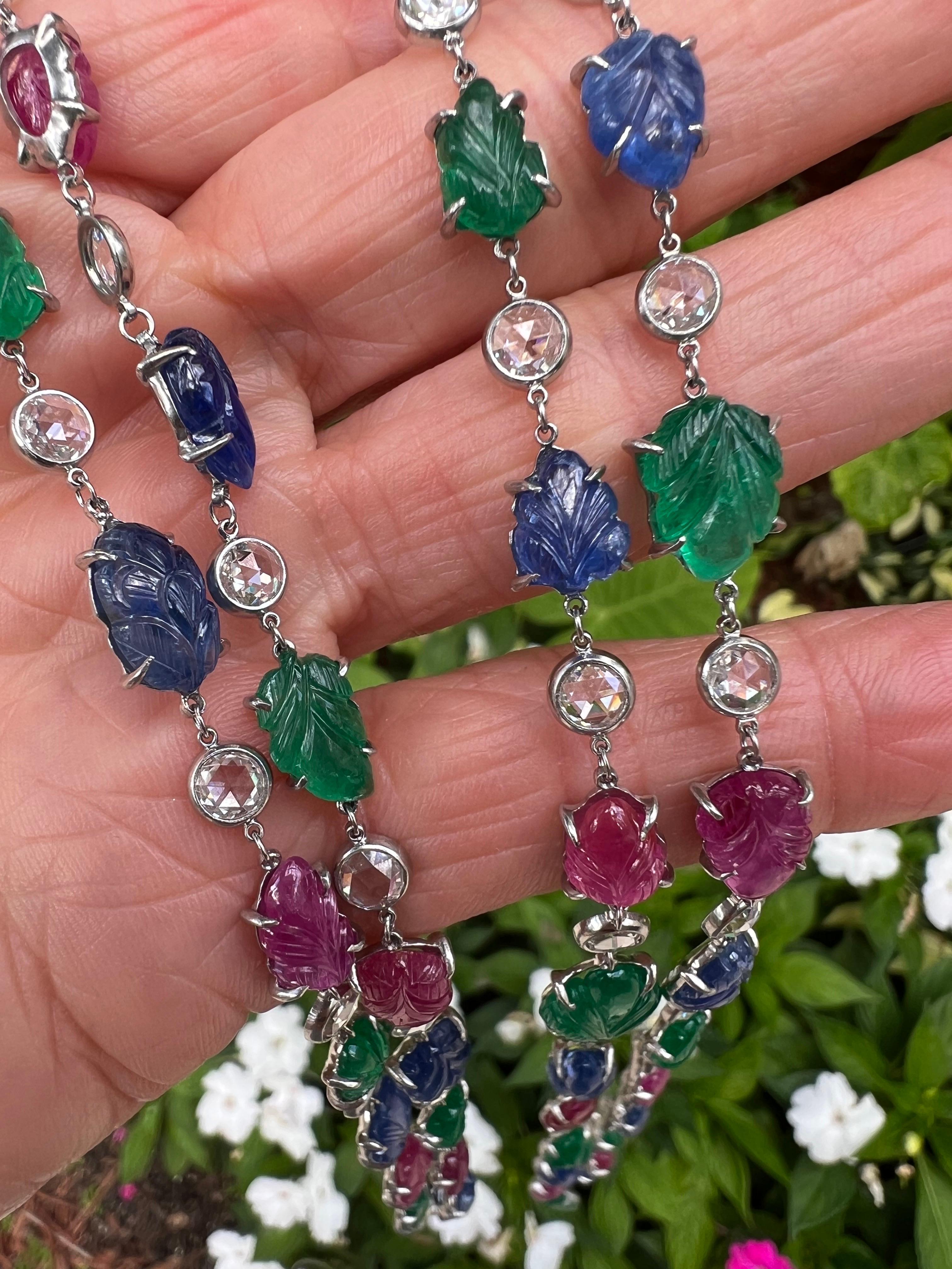 Platinum Ruby Emerald Sapphire Diamond Tutti Frutti Long Necklace en venta 2