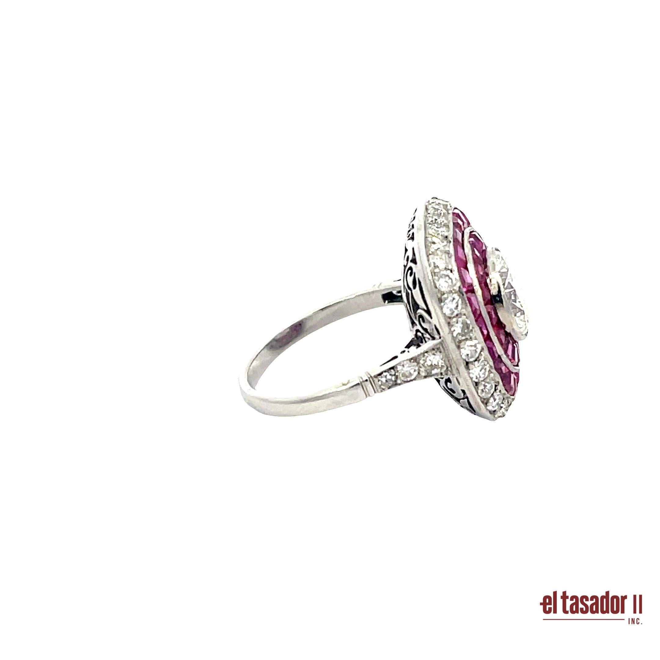 Platin-Rubin-Halo-Ring mit Diamant im Brillant-Schliff (Art déco) im Angebot