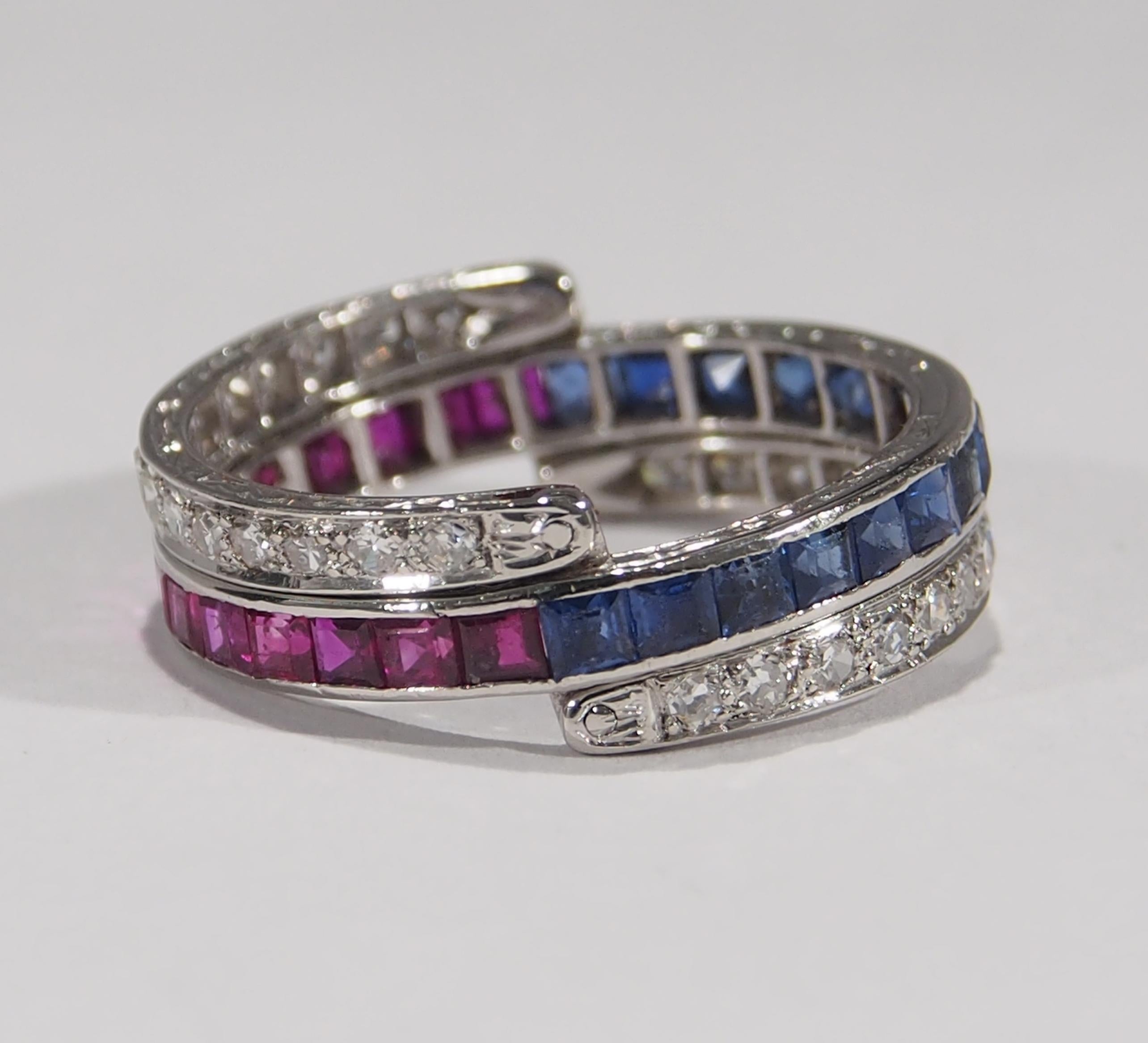 Platinum Ruby Sapphire Diamond Art Deco Style Ring In Good Condition In Boca Raton, FL