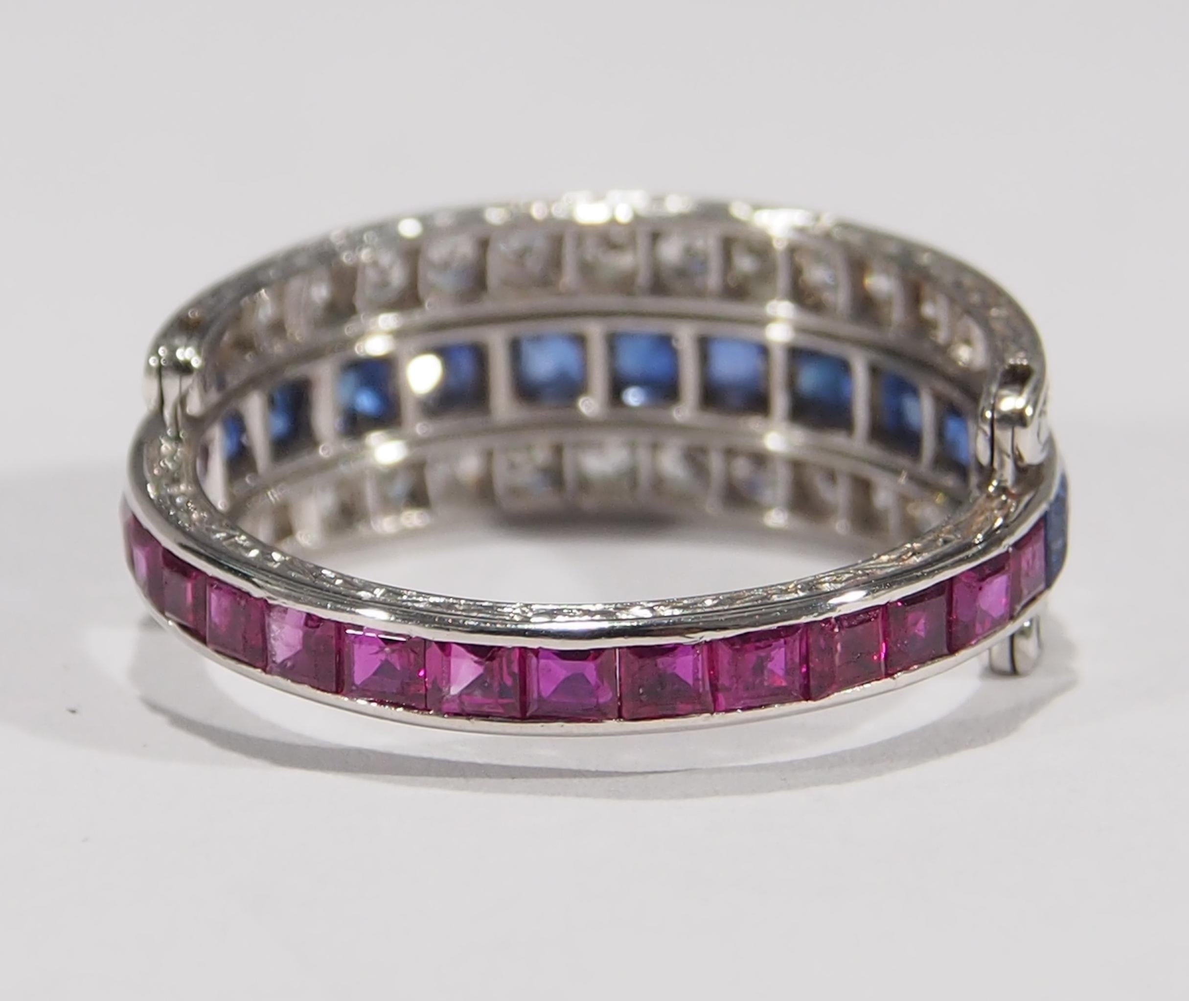 Women's or Men's Platinum Ruby Sapphire Diamond Art Deco Style Ring