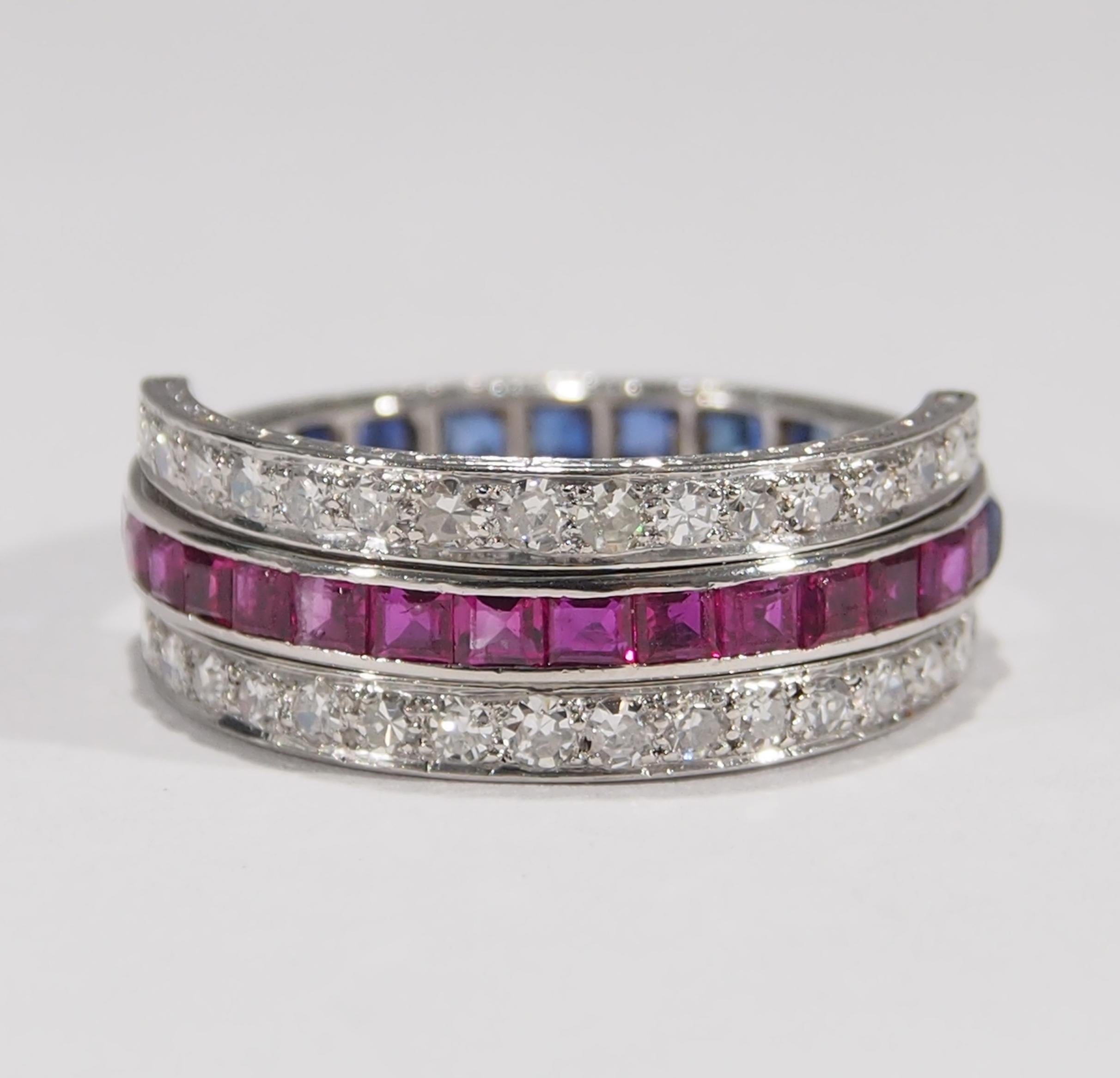 Platinum Ruby Sapphire Diamond Art Deco Style Ring 1