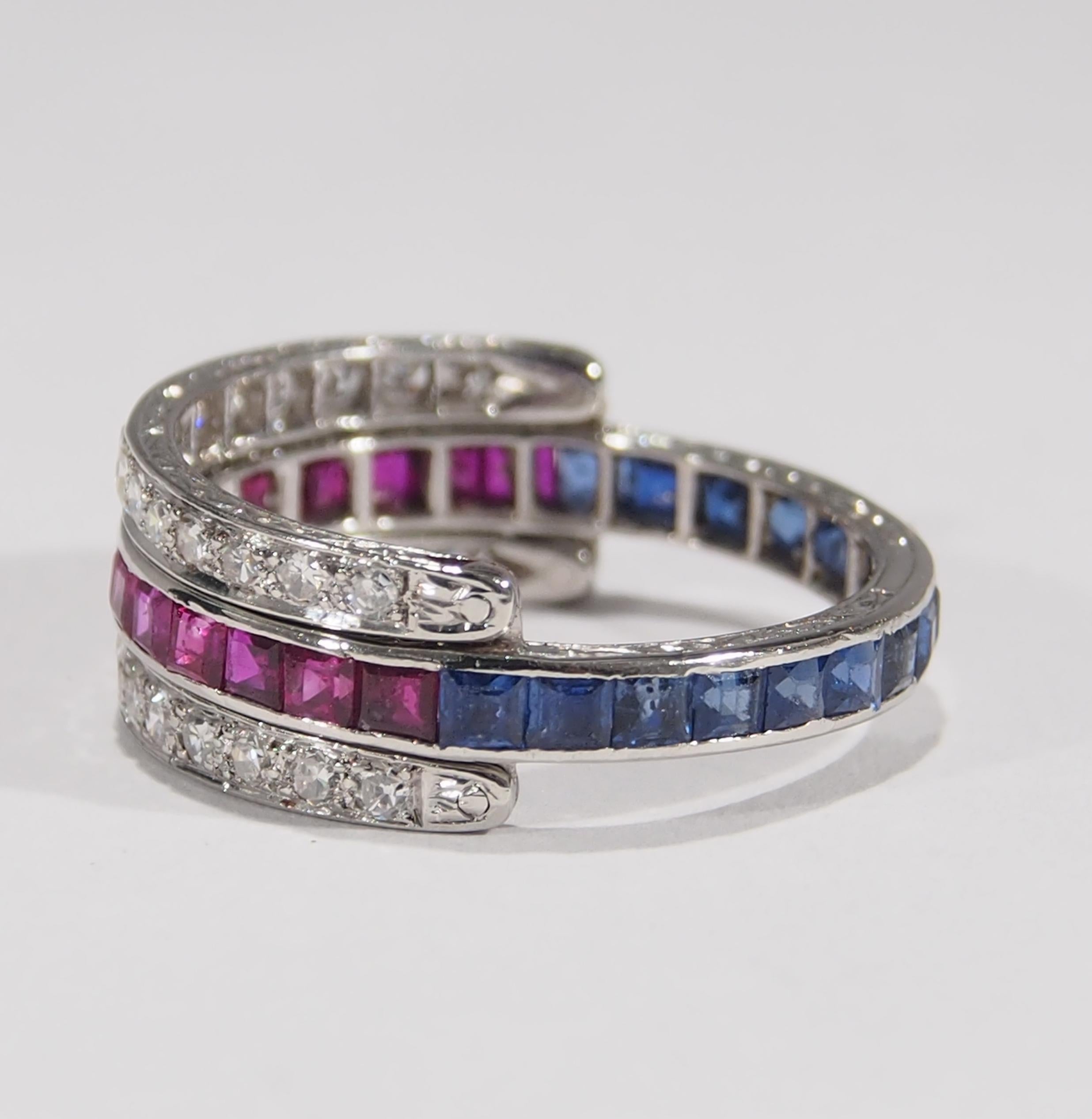 Platinum Ruby Sapphire Diamond Art Deco Style Ring 2