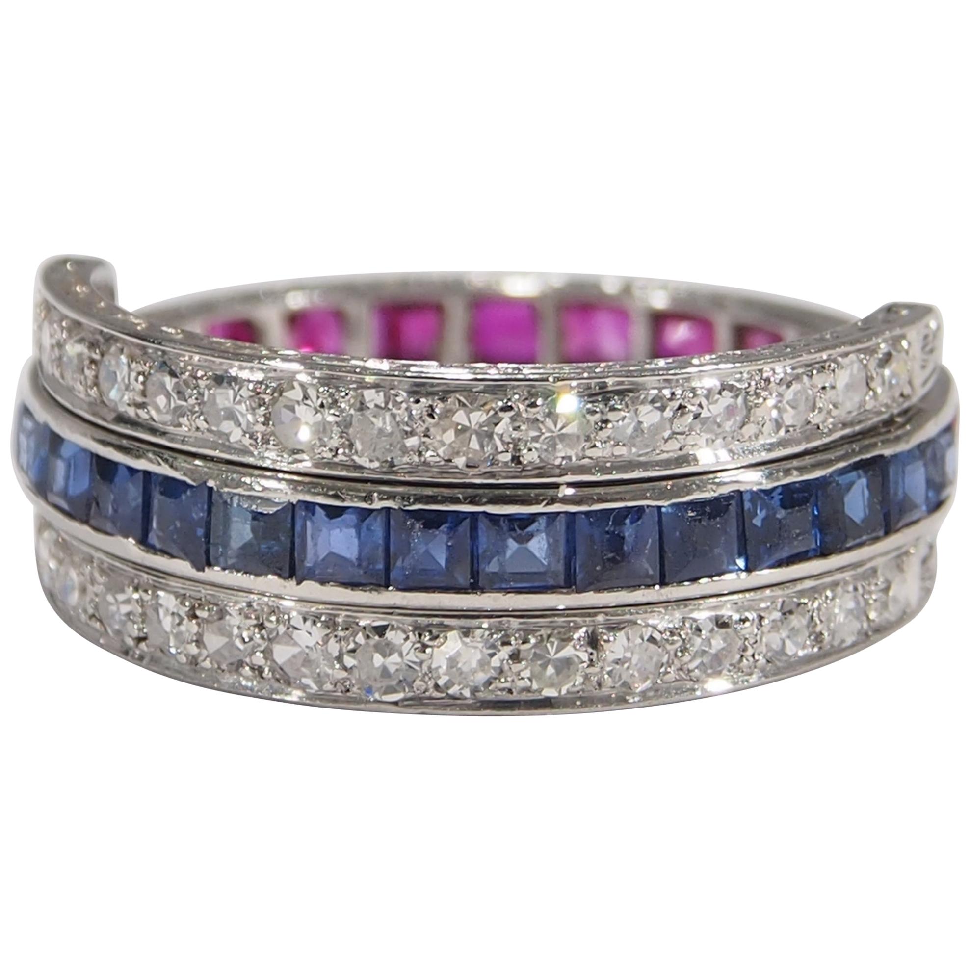 Platinum Ruby Sapphire Diamond Art Deco Style Ring