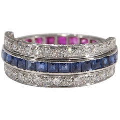 Platinum Ruby Sapphire Diamond Art Deco Style Ring