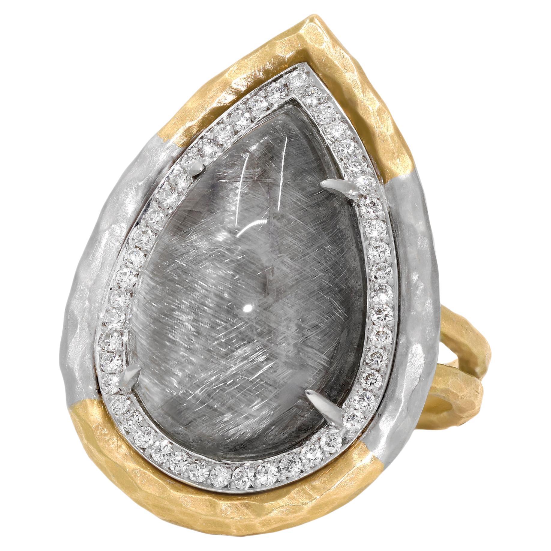 Platinum Rutilated Quartz White Diamond Yellow + White Gold Ring, Pamela Froman For Sale