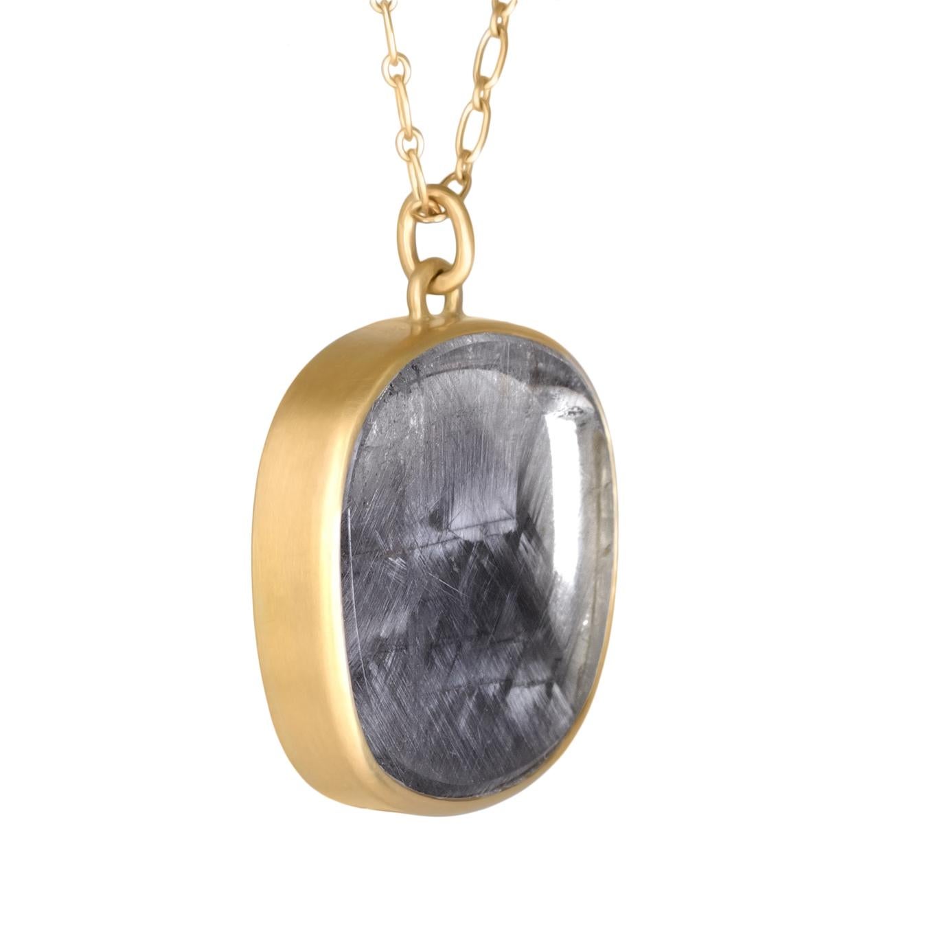 One of a kind necklace hand-fabricated by master jewelry maker Lola Brooks in the artist's signature-finished 18k yellow gold showcasing a shimmering three-dimensional 19.09 carat platinum rutilated quartz drop connected by handmade jump ring and