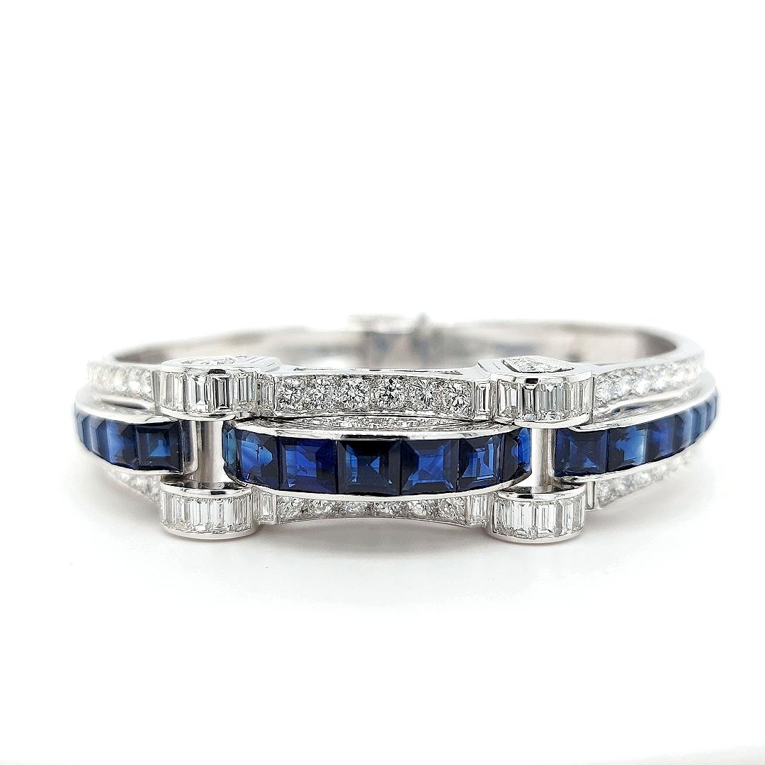 Artisan Platinum Sapphire 5.6ct and 5.09ct Diamond Bangle For Sale