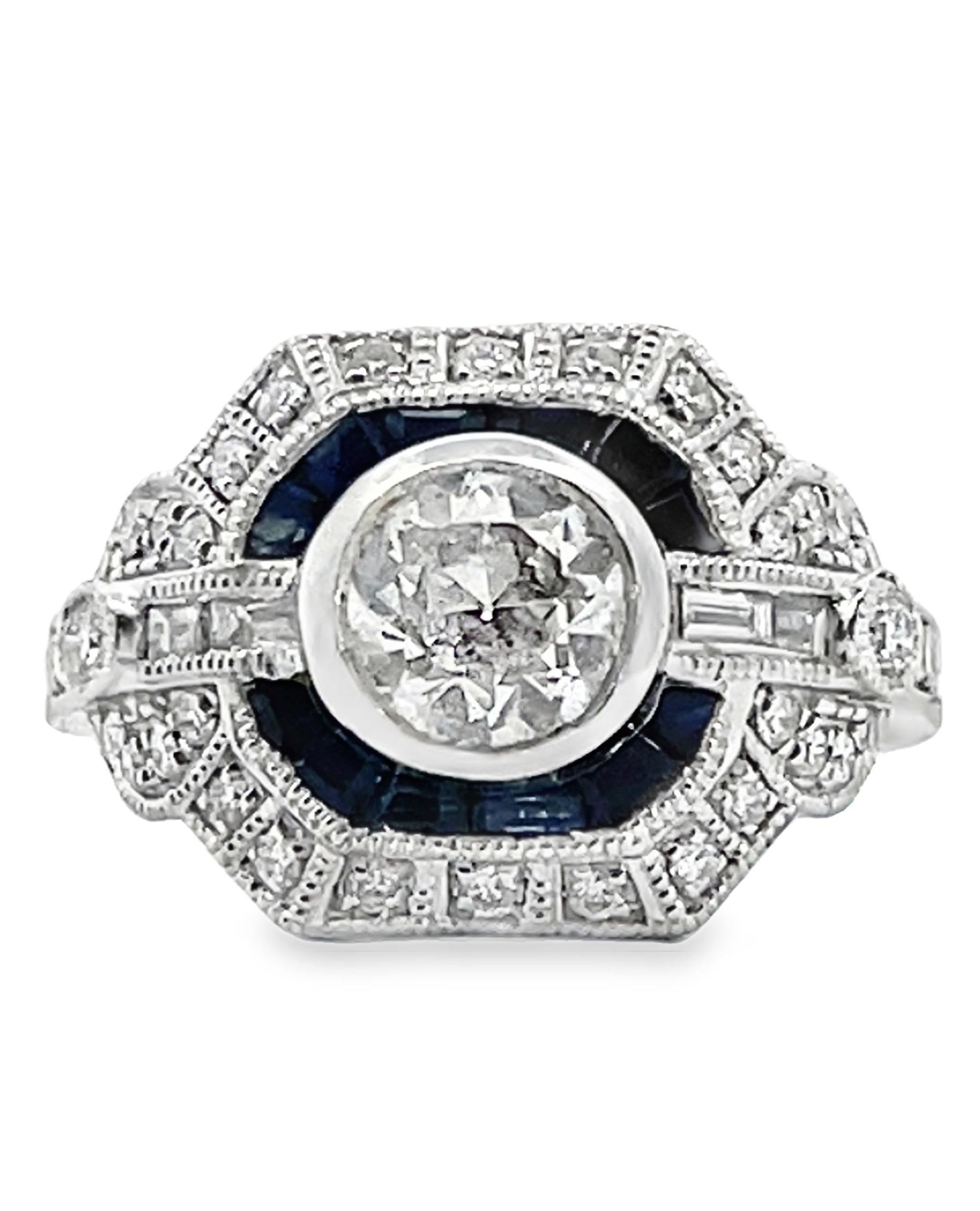 Platinring mit 0,85 Karat Baguette-Saphiren und 0,60 Karat runden Diamanten. In der Mitte ein runder, auf der Erde gewachsener Naturdiamant im Altschliff mit einem Gewicht von 0,90 Karat (Farbe H, Reinheit SI2) 