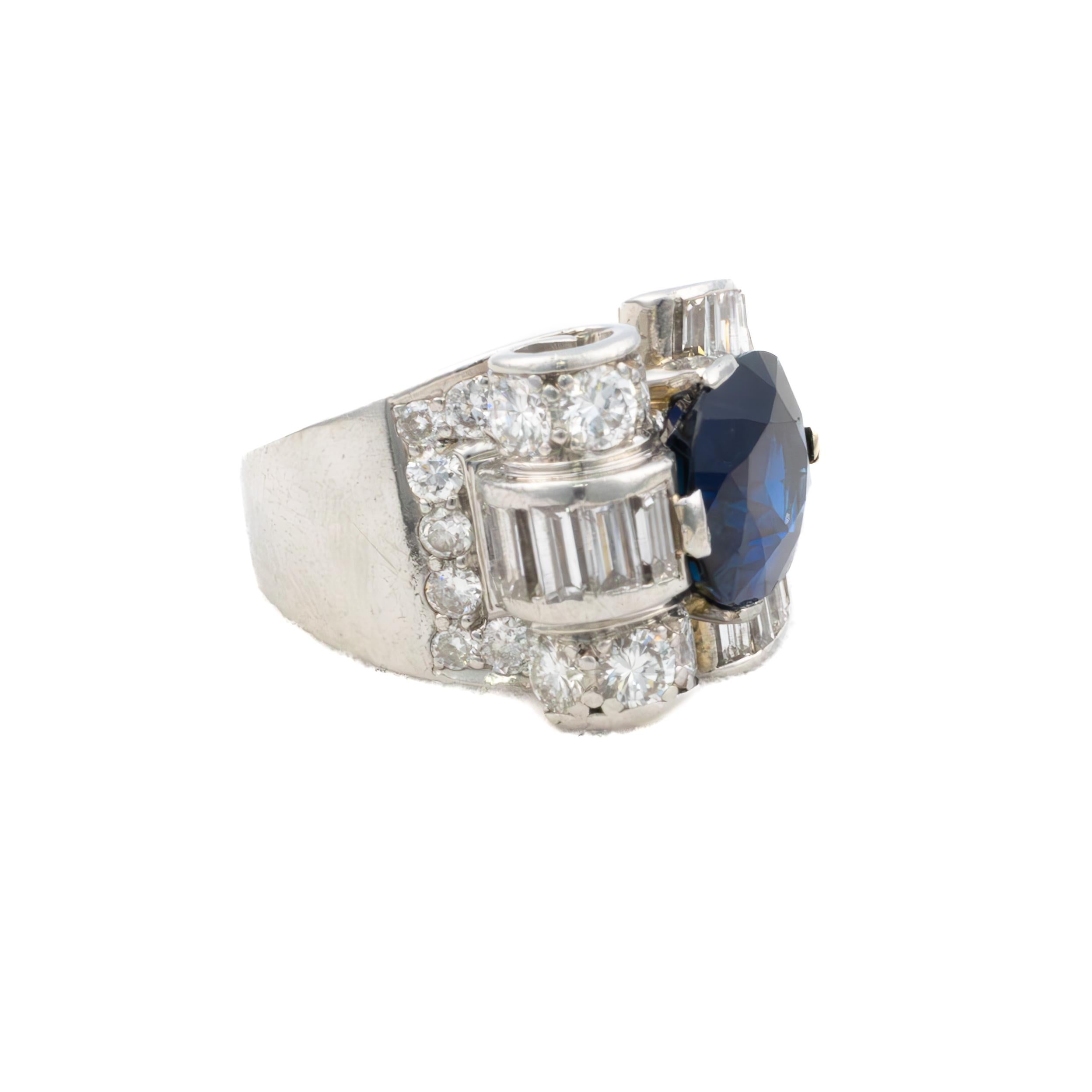 Baguette-Ring mit Saphir und Diamant aus Platin (Baguetteschliff) im Angebot