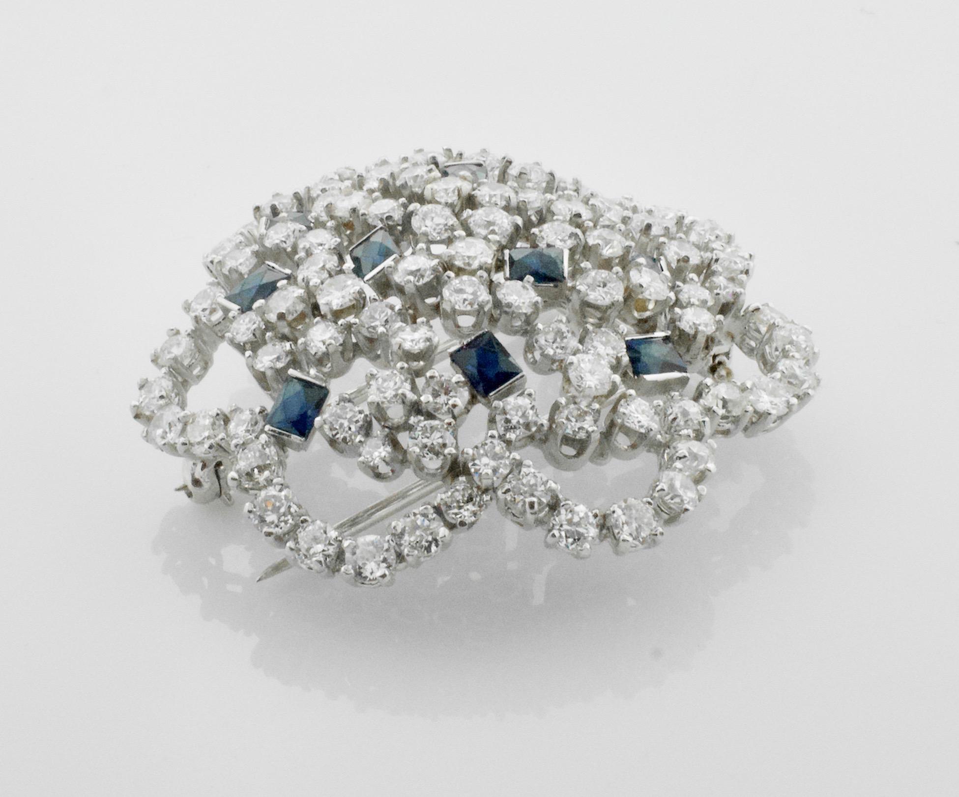 French Cut Platinum Sapphire and Diamond Brooch 9.25 Carat, circa 1950s For Sale