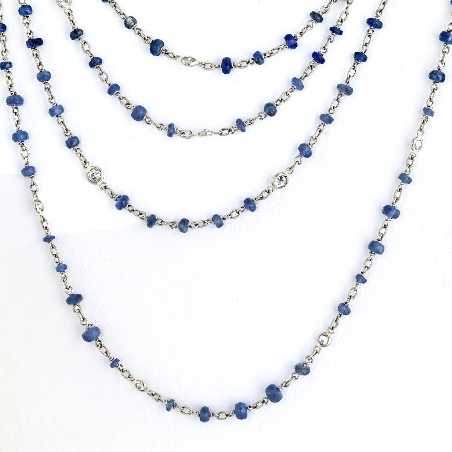 Round Cut Platinum Sapphire And Diamond By The Yard 80 Inch Chain Necklace For Sale