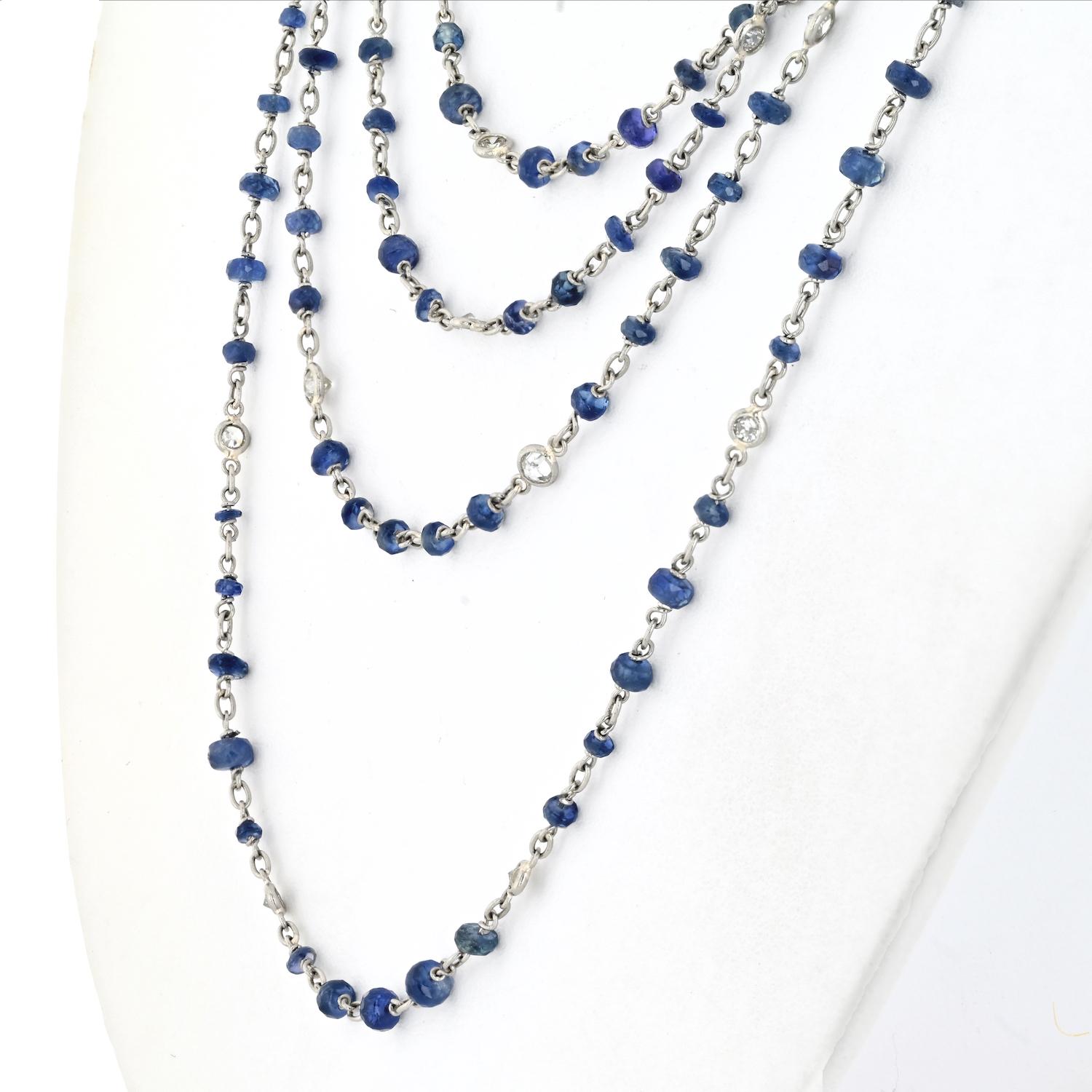 Platinum Sapphire And Diamond By The Yard 80 Inch Chain Necklace In Excellent Condition For Sale In New York, NY