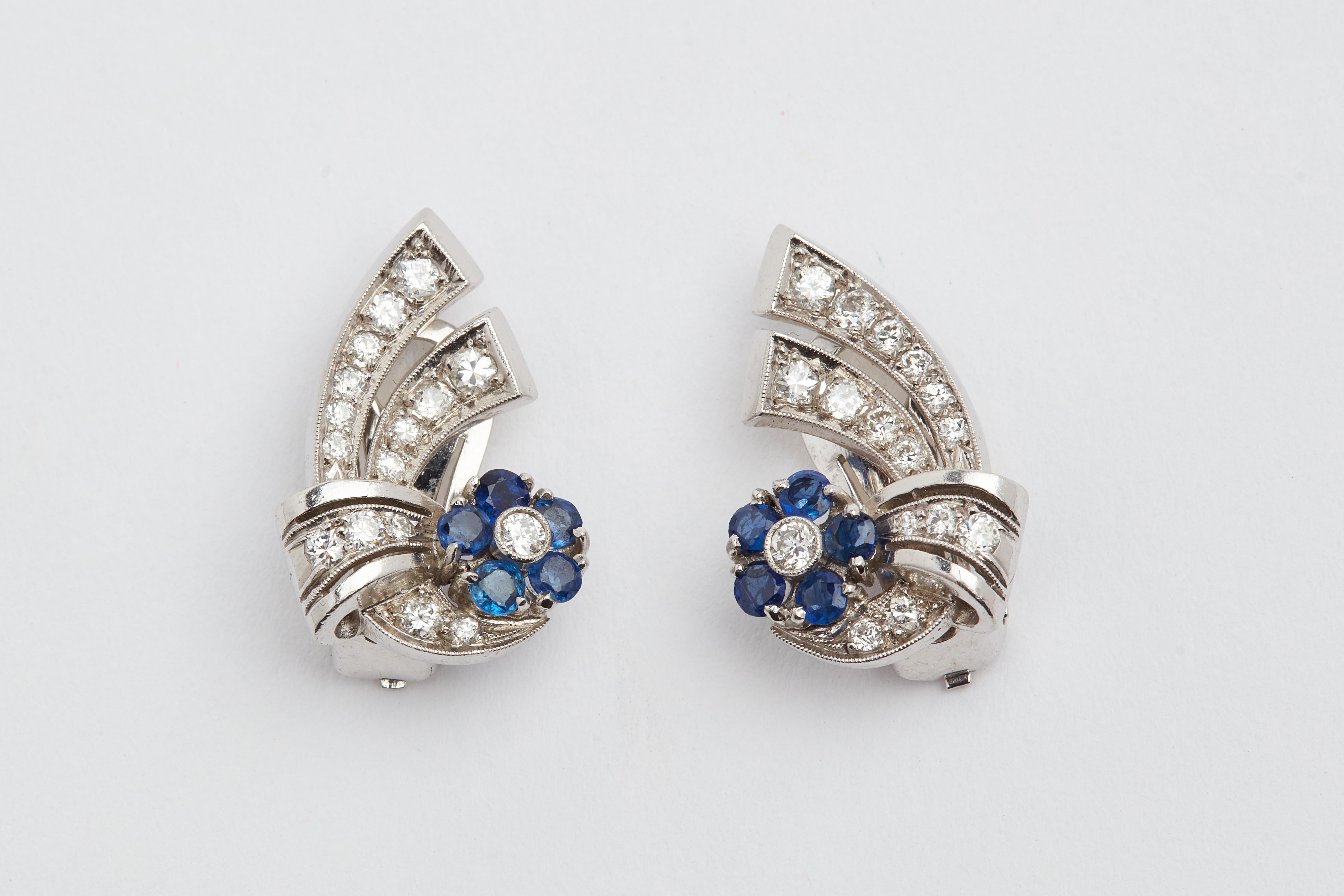 Women's Platinum Sapphire and Diamond Ear Clips