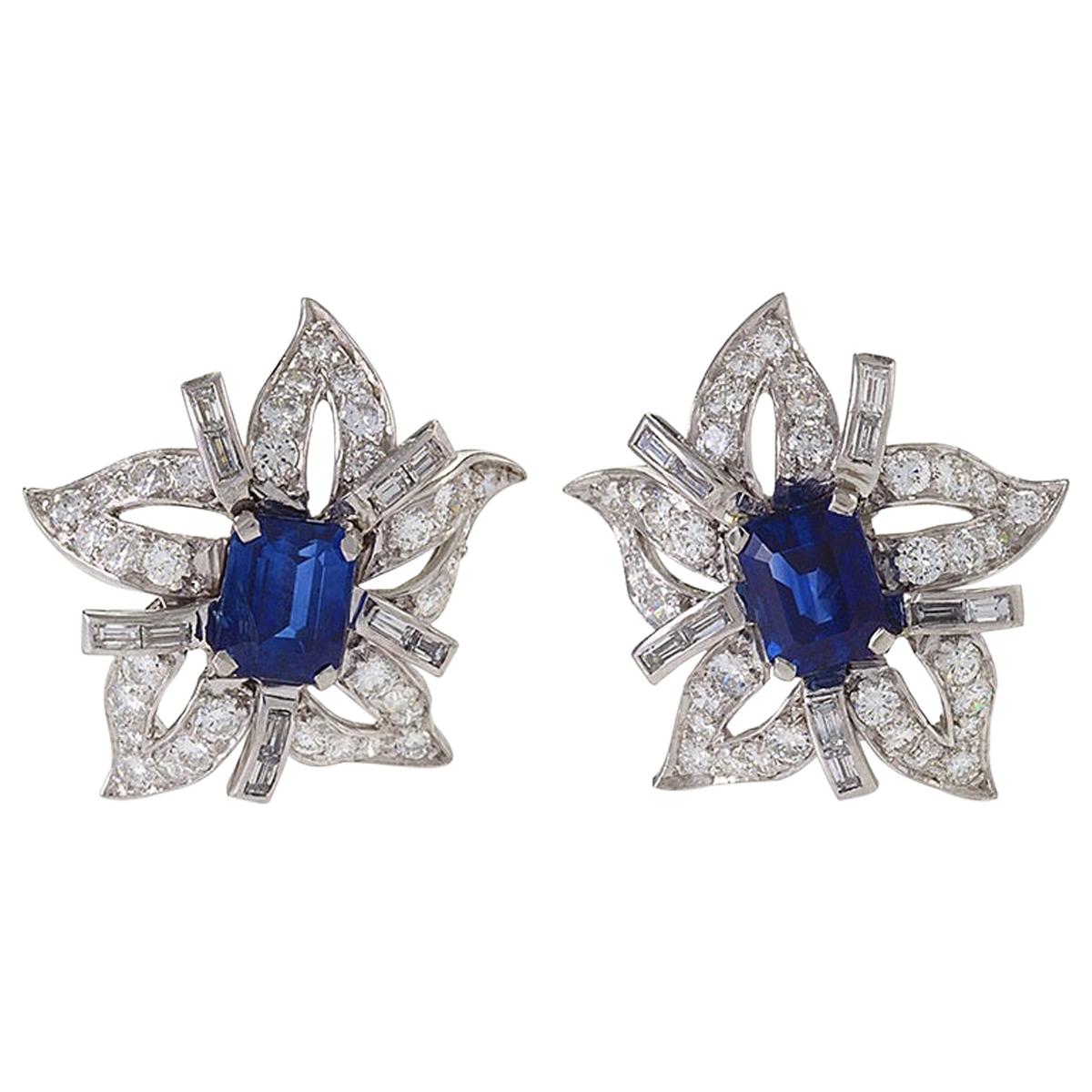 Platinum, Sapphire and Diamond Flower Earrings