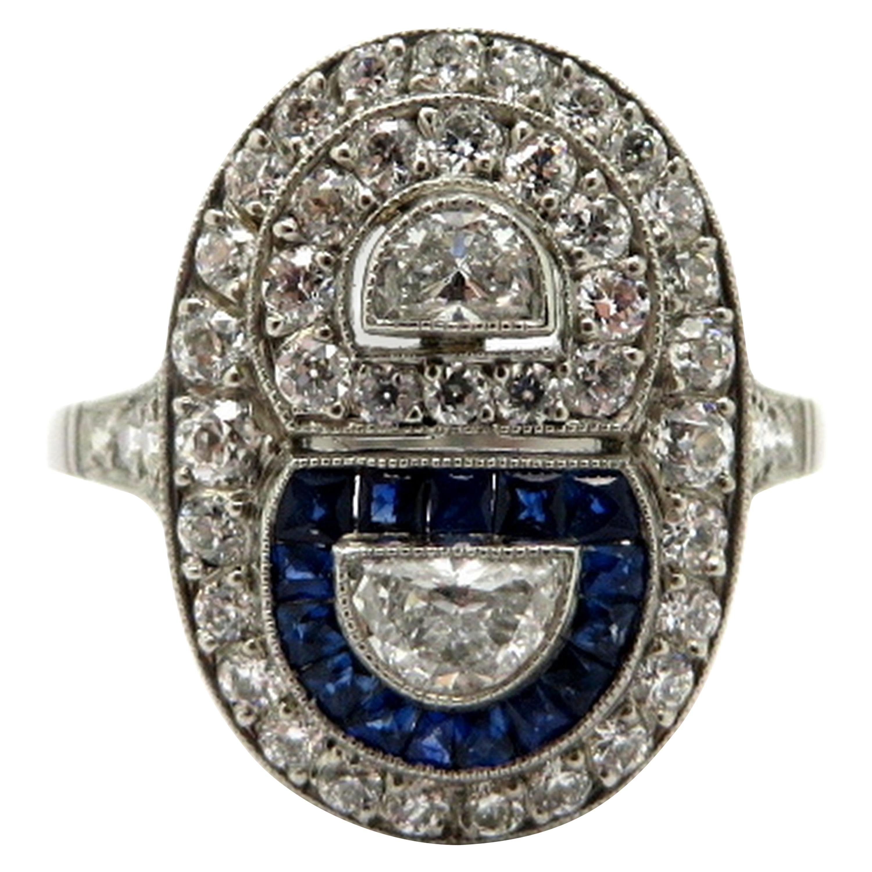 Platinum Sapphire and Diamond Half-Moon Shaped Art Deco Style Engagement Ring For Sale