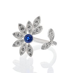 Platinum Sapphire And Diamond In Between The Finger Flower Cocktail Ring