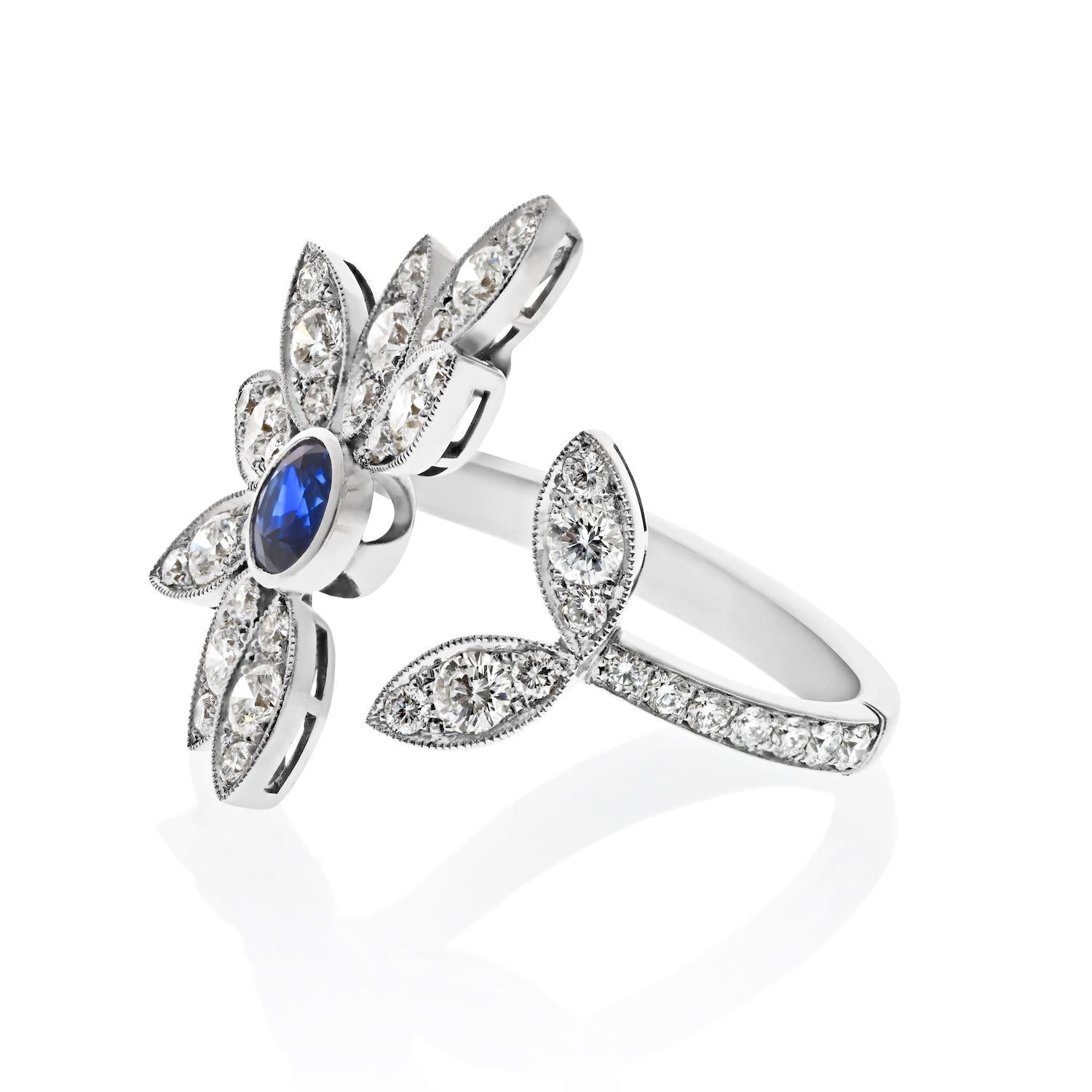 Modern Platinum Sapphire And Diamond In Between The Finger Flower Cocktail Ring For Sale