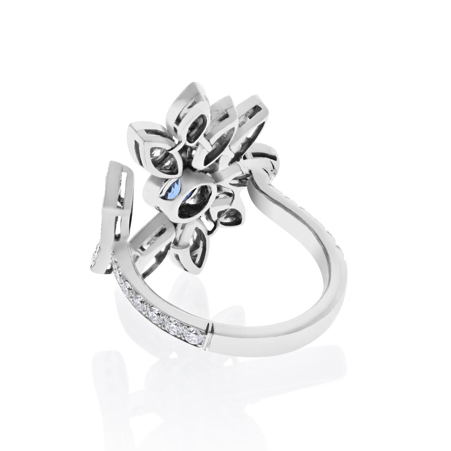 Round Cut Platinum Sapphire And Diamond In Between The Finger Flower Cocktail Ring For Sale