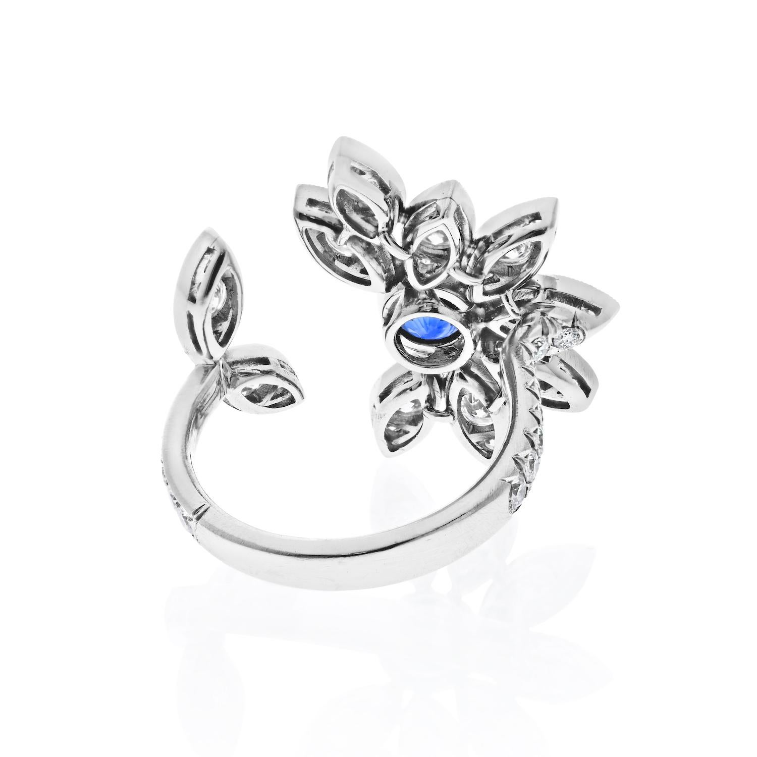 Platinum Sapphire And Diamond In Between The Finger Flower Cocktail Ring In New Condition For Sale In New York, NY