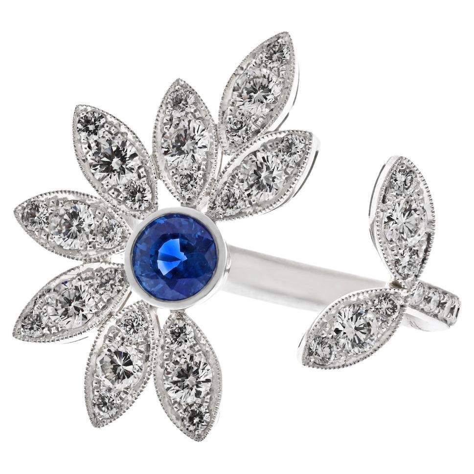 Platinum Sapphire And Diamond In Between The Finger Flower Cocktail Ring For Sale